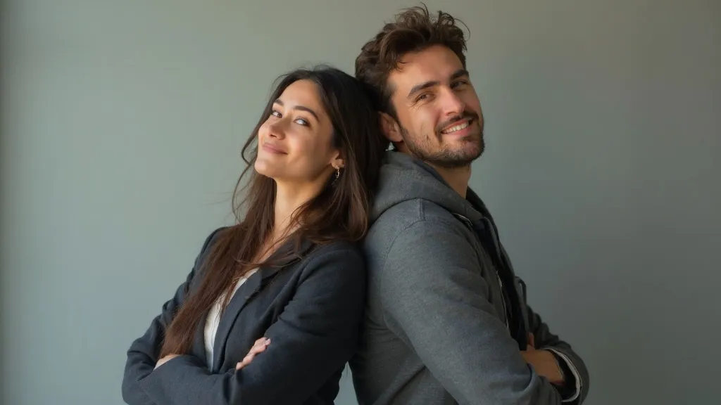 A business woman leaning back to back with a very casual guy