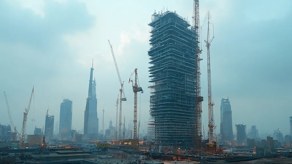 Ein Wolkenkratzer, der mit vielen Kränen und Maschinen gebaut wird