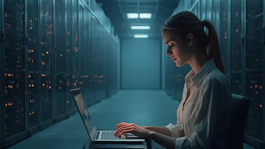 A woman working on her laptop inside a big server room