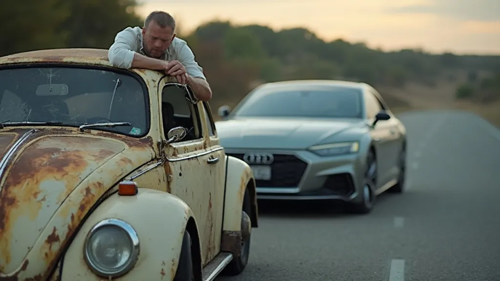 Ein Mann, der einen alten Käfer einem neuen Audi Coupé vorzieht.