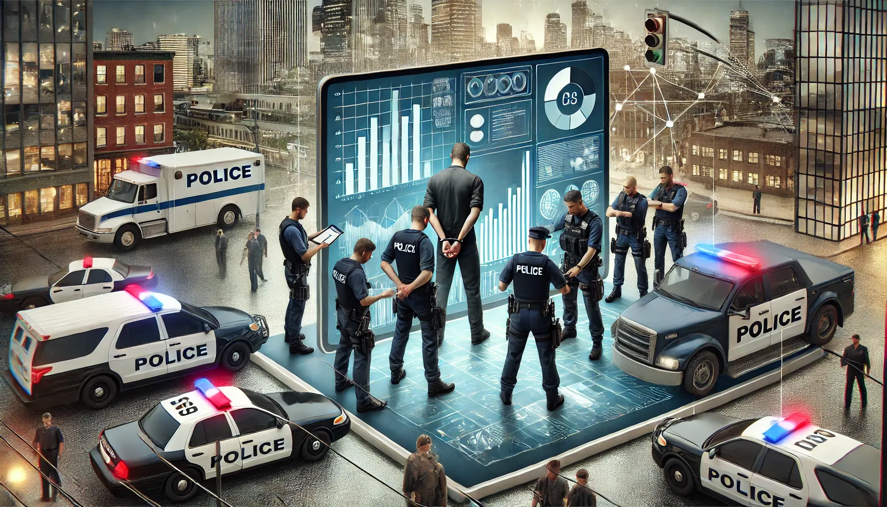 Ein Bild von Polizisten, die einige Statistiken analysieren, während sie einen Kriminellen verhaften.