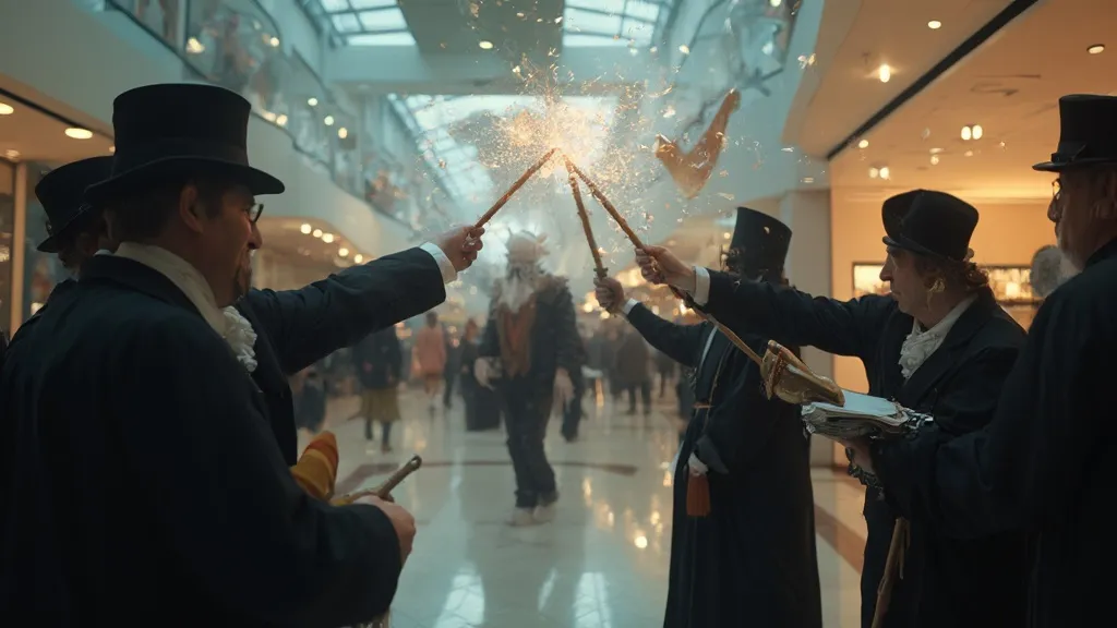 Some magicians, trying to control the shoppers in a shopping mall