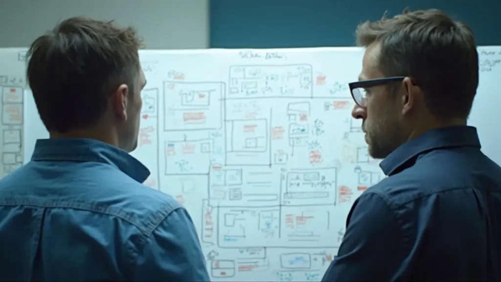 Two managers in front of a complex project plan.