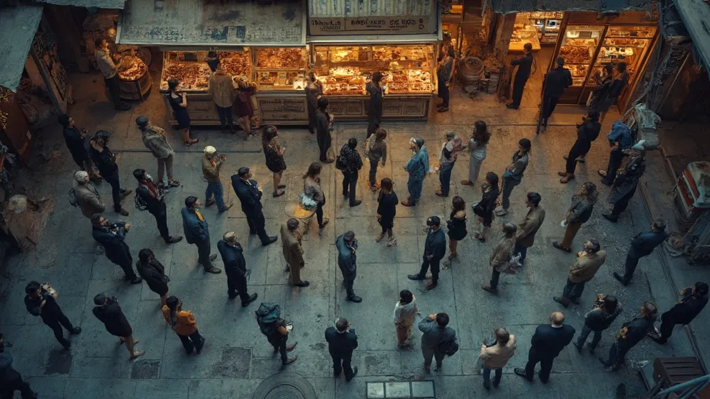 Random people standing in line in front of a bakery, forming a strange pattern.