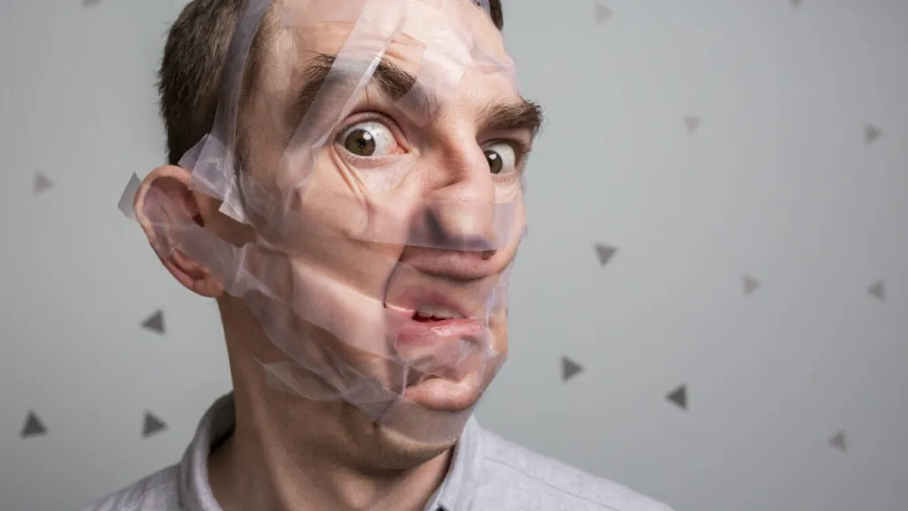 A man whose face is distorted by adhesive tape, illustrating how fixing stuff with somehow official tools can lead to unwanted results.