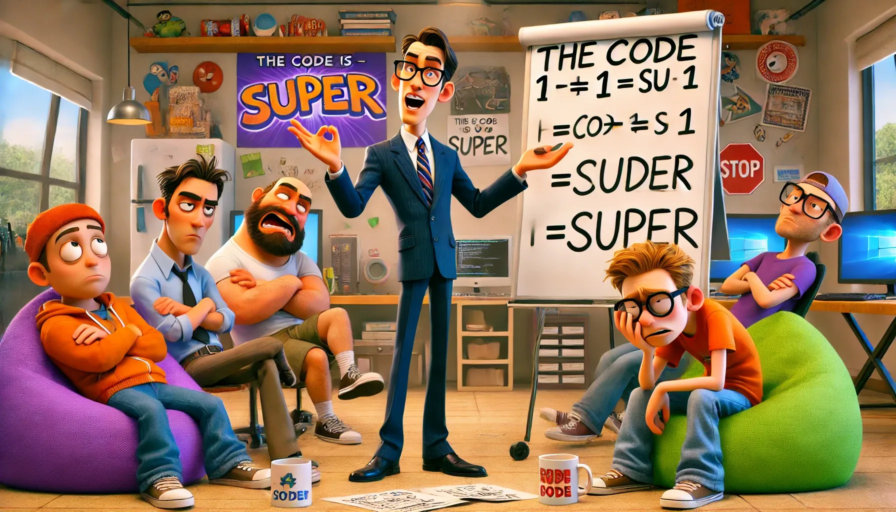 A product manager trying to write code and explaining it to a group of annoyed developers.