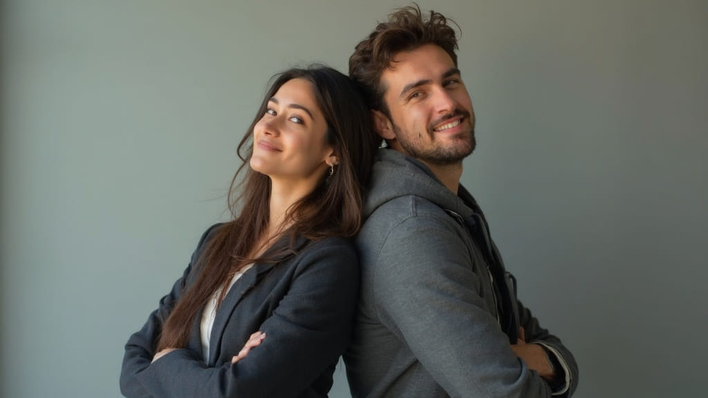 A business woman leaning back to back with a very casual guy