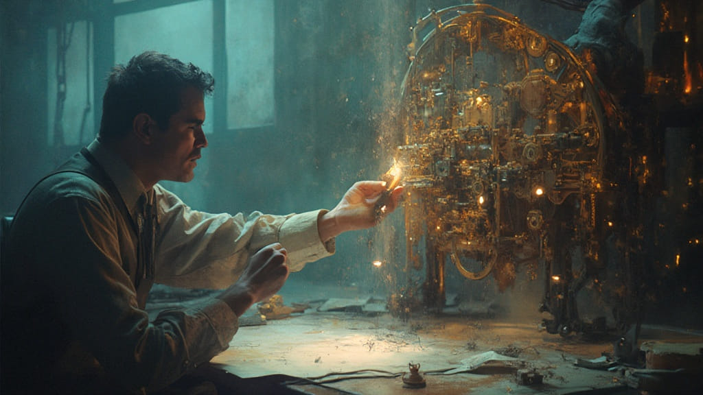 A man producing a blog post with a mysterious machine.