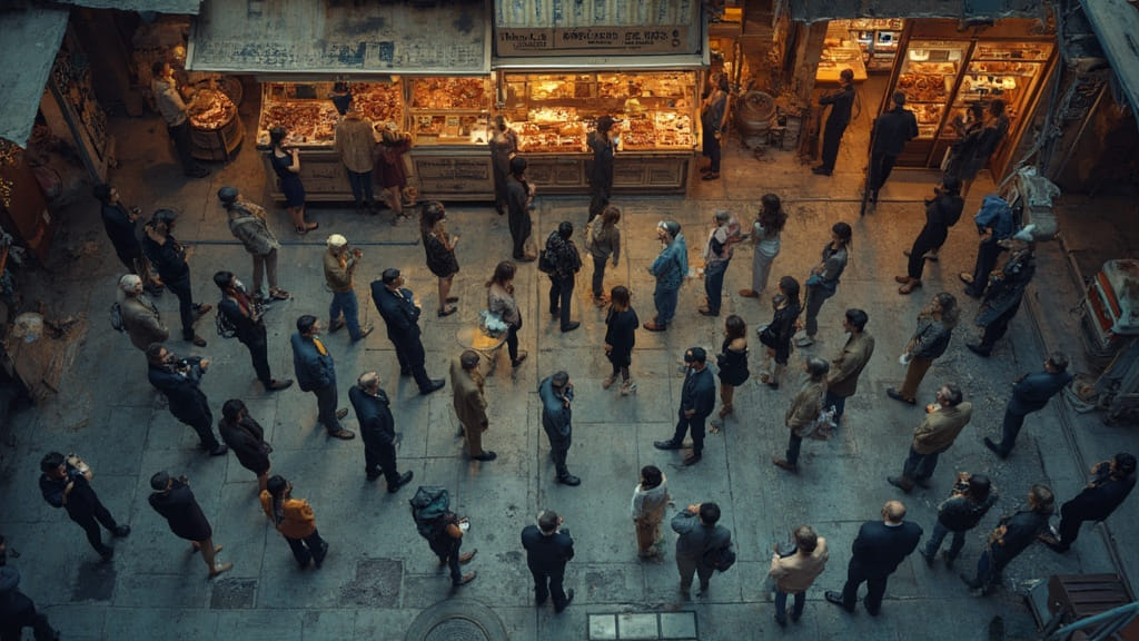Random people standing in line in front of a bakery, forming a strange pattern.